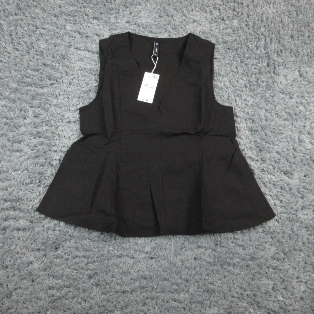 Mango MNG Peplum Blouse Top Womens Large Black Sleeveless V Neck Zip Side NWT